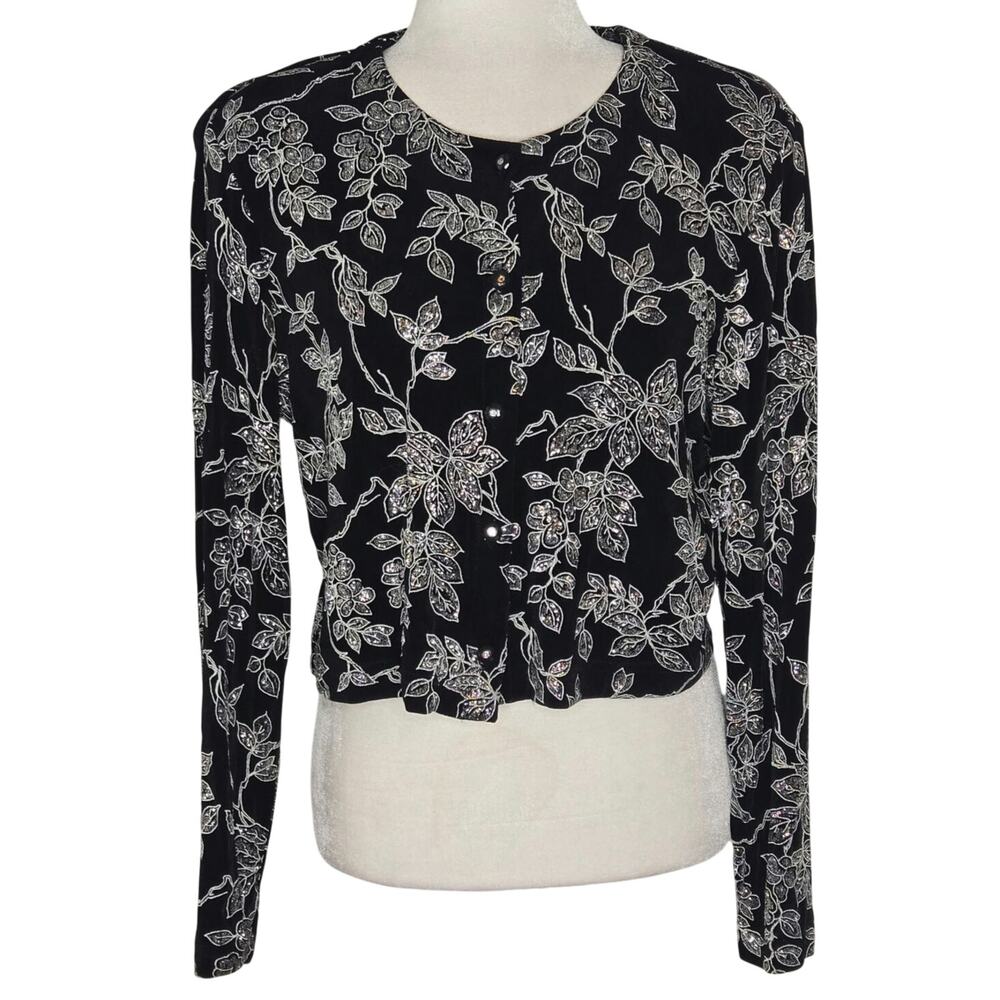 Ronni Nicole by Ouida EUC sparkly button down stretch jacket 12 black silver